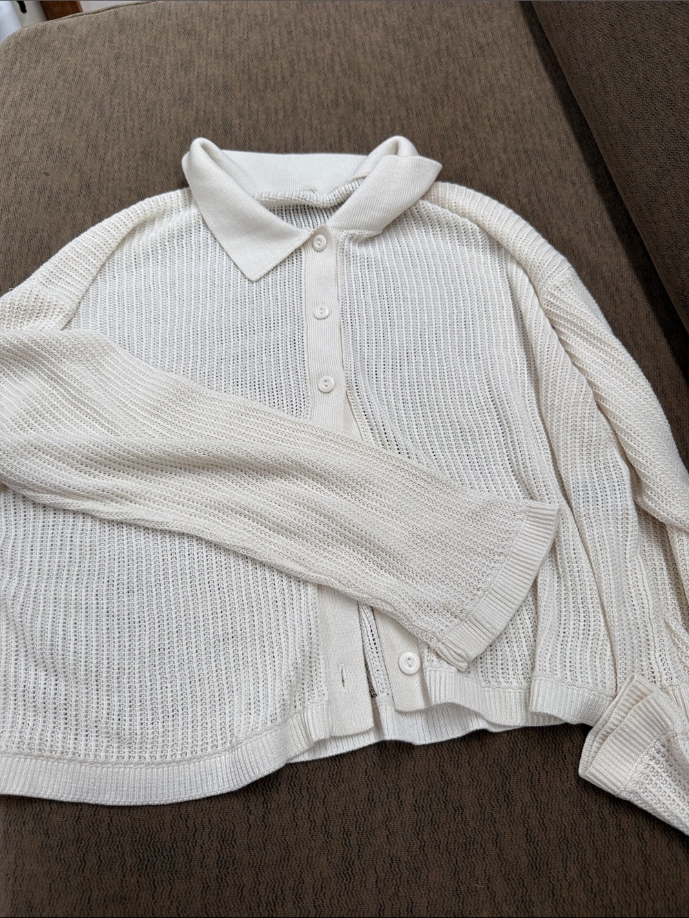 Cream Knit Polo Cardigan Sweater